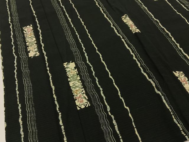 平和屋着物＊夏物　小紋　絽　型染め　短冊草花文　黒地　正絹　逸品　BAAX6913hj