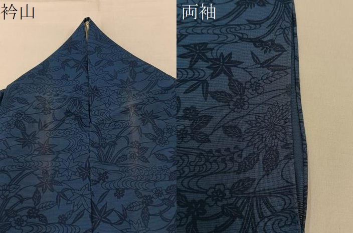 平和屋着物＊夏物　小紋　絽　藍　型染め　流水草花文　正絹　逸品　BAAX6927hj