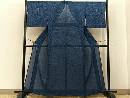 平和屋着物＊夏物　小紋　絽　藍　型染め　流水草花文　正絹　逸品　BAAX6927hj