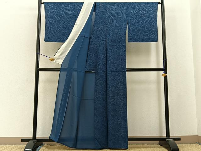 平和屋着物＊夏物　小紋　絽　藍　型染め　流水草花文　正絹　逸品　BAAX6927hj
