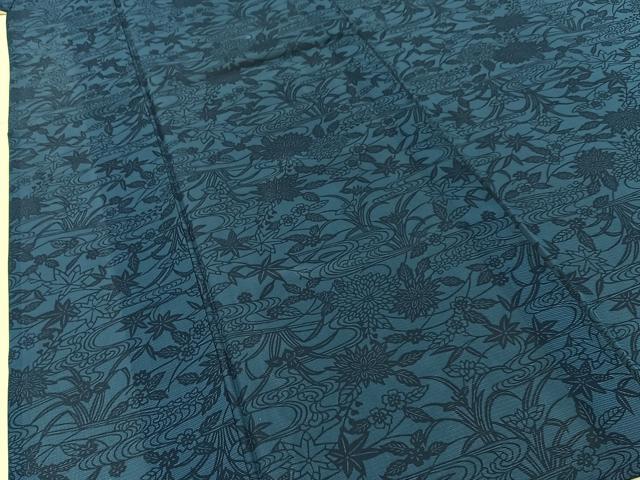 平和屋着物＊夏物　小紋　絽　藍　型染め　流水草花文　正絹　逸品　BAAX6927hj