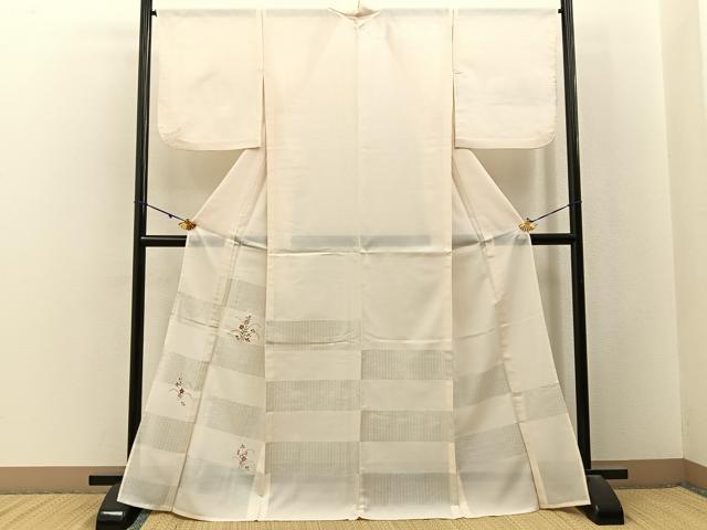 平和屋着物＊夏物　訪問着　縦絽　刺繍　秋草文　銀彩　正絹　逸品　BAAX6943hj