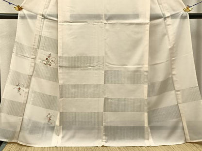 平和屋着物＊夏物　訪問着　縦絽　刺繍　秋草文　銀彩　正絹　逸品　BAAX6943hj