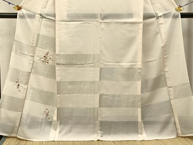 平和屋着物＊夏物　訪問着　縦絽　刺繍　秋草文　銀彩　正絹　逸品　BAAX6943hj