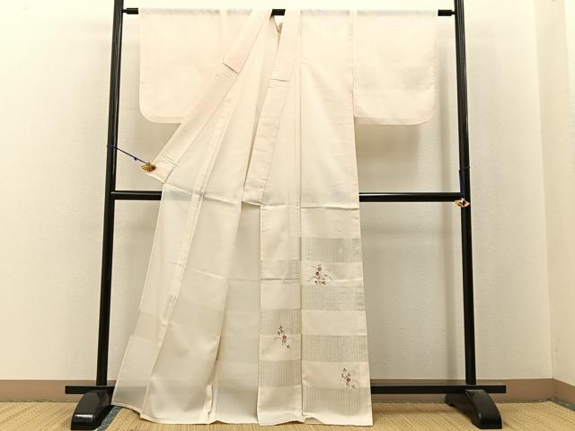 平和屋着物＊夏物　訪問着　縦絽　刺繍　秋草文　銀彩　正絹　逸品　BAAX6943hj