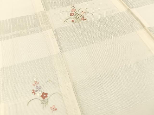 平和屋着物＊夏物　訪問着　縦絽　刺繍　秋草文　銀彩　正絹　逸品　BAAX6943hj