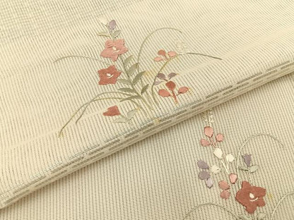 平和屋着物＊夏物　訪問着　縦絽　刺繍　秋草文　銀彩　正絹　逸品　BAAX6943hj