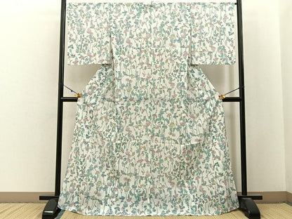 平和屋着物＊夏物　小紋　絽　草花尽くし　洗える着物　BAAX6946hj