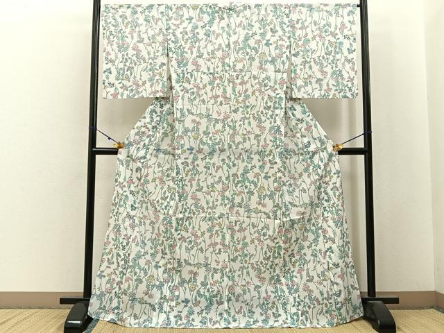 平和屋着物＊夏物　小紋　絽　草花尽くし　洗える着物　BAAX6946hj