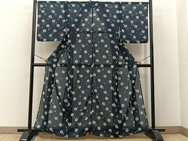 平和屋着物＊夏物　小紋　紗　型染め　雪輪花文　洗える着物　BAAX6952hj