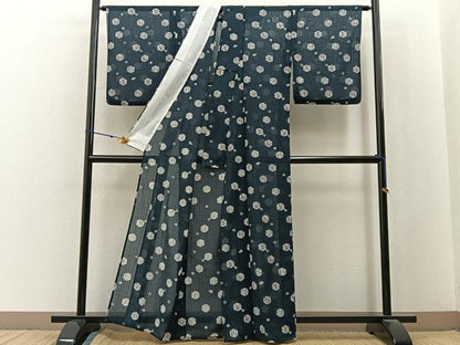 平和屋着物＊夏物　小紋　紗　型染め　雪輪花文　洗える着物　BAAX6952hj