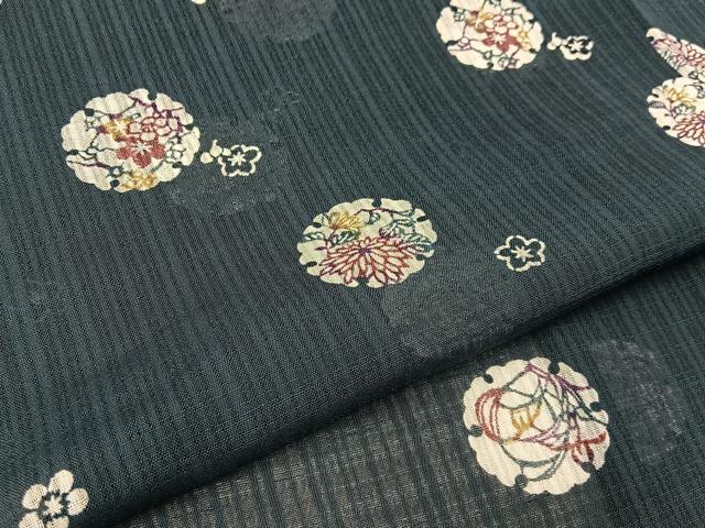 平和屋着物＊夏物　小紋　紗　型染め　雪輪花文　洗える着物　BAAX6952hj