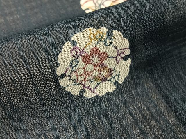平和屋着物＊夏物　小紋　紗　型染め　雪輪花文　洗える着物　BAAX6952hj