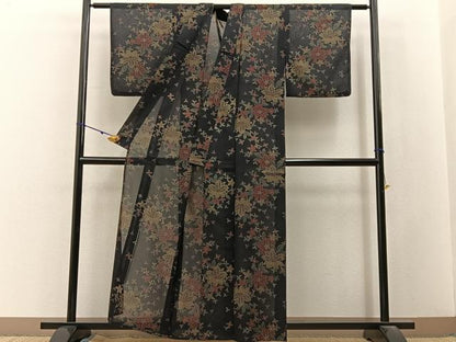 平和屋着物＊夏物　小紋　紗　草花文　黒地　洗える着物　BAAX6962hj