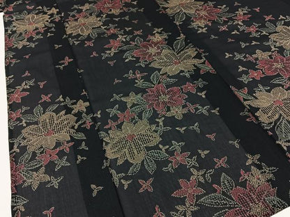 平和屋着物＊夏物　小紋　紗　草花文　黒地　洗える着物　BAAX6962hj