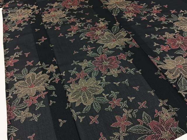 平和屋着物＊夏物　小紋　紗　草花文　黒地　洗える着物　BAAX6962hj