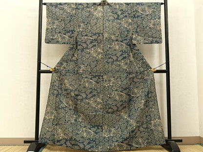 平和屋着物＊夏物　小紋　絽　藍　型染め　花唐草文　洗える着物　BAAX6969hj