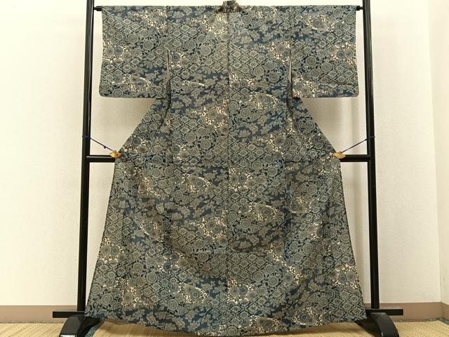 平和屋着物＊夏物　小紋　絽　藍　型染め　花唐草文　洗える着物　BAAX6969hj