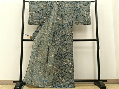 平和屋着物＊夏物　小紋　絽　藍　型染め　花唐草文　洗える着物　BAAX6969hj