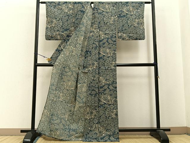 平和屋着物＊夏物　小紋　絽　藍　型染め　花唐草文　洗える着物　BAAX6969hj
