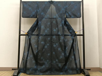 平和屋着物＊夏物　小紋　紗　草花文　濃紺地　BAAX6985hj