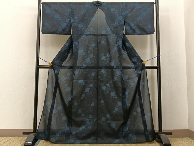 平和屋着物＊夏物　小紋　紗　草花文　濃紺地　BAAX6985hj