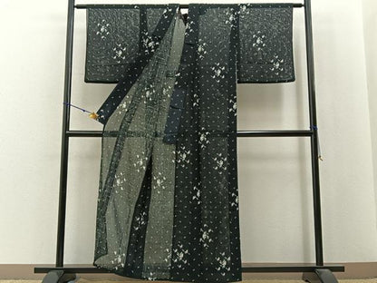 平和屋着物＊夏物　小紋　紗　舞蝶文　黒地　洗える着物　BAAX6989hj
