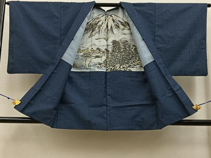 平和屋着物■男性　紬　アンサンブル　亀甲文様　羽裏：富士　正絹　逸品　BAAX6997hj