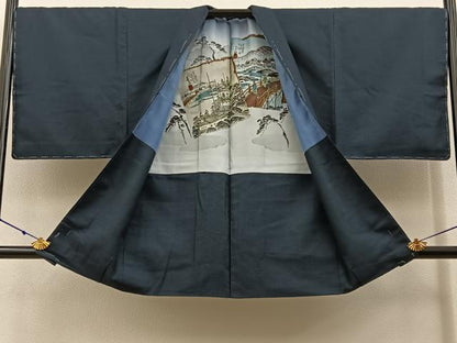 平和屋着物●男性　紬　アンサンブル　100亀甲　総詰め　羽裏：東海道五拾三次　正絹　逸品　未使用　BAAX6998hj