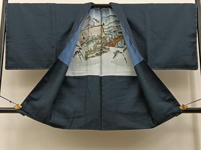 平和屋着物●男性　紬　アンサンブル　100亀甲　総詰め　羽裏：東海道五拾三次　正絹　逸品　未使用　BAAX6998hj