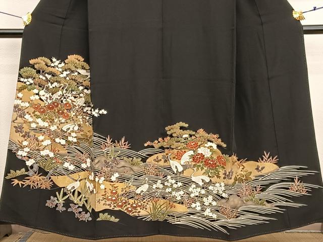 平和屋着物■豪華黒留袖　駒刺繍　群鶴浜松文　金彩　正絹　逸品　BAAX7007hv