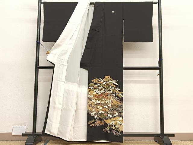 平和屋着物■豪華黒留袖　駒刺繍　群鶴浜松文　金彩　正絹　逸品　BAAX7007hv