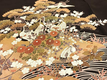 平和屋着物■豪華黒留袖　駒刺繍　群鶴浜松文　金彩　正絹　逸品　BAAX7007hv