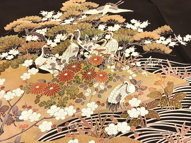 平和屋着物■豪華黒留袖　駒刺繍　群鶴浜松文　金彩　正絹　逸品　BAAX7007hv
