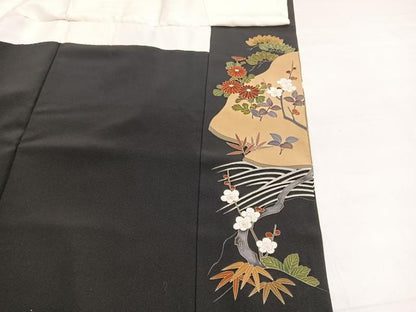 平和屋着物■豪華黒留袖　駒刺繍　群鶴浜松文　金彩　正絹　逸品　BAAX7007hv