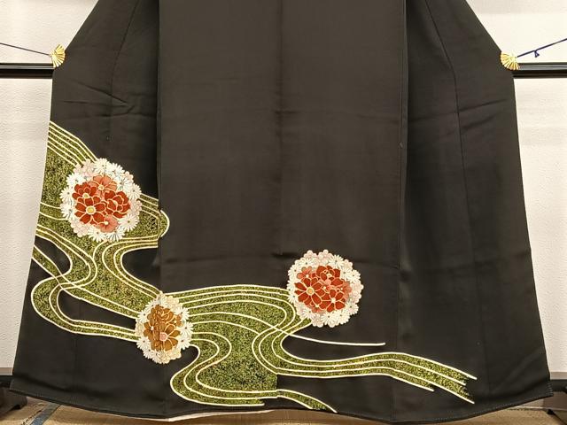 平和屋着物■豪華黒留袖　駒刺繍　流水花丸文　金彩　正絹　逸品　BAAX7009hv