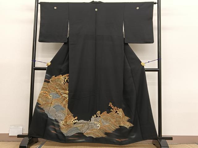 平和屋着物■豪華黒留袖　総刺繍　立波文　暈し染め　金銀糸　正絹　逸品　BAAX7013hv