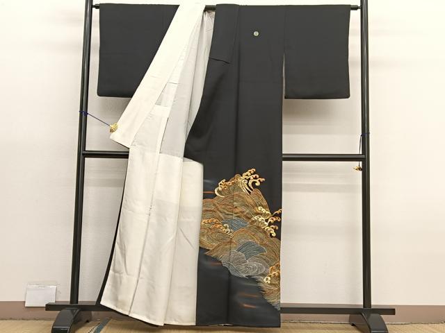 平和屋着物■豪華黒留袖　総刺繍　立波文　暈し染め　金銀糸　正絹　逸品　BAAX7013hv
