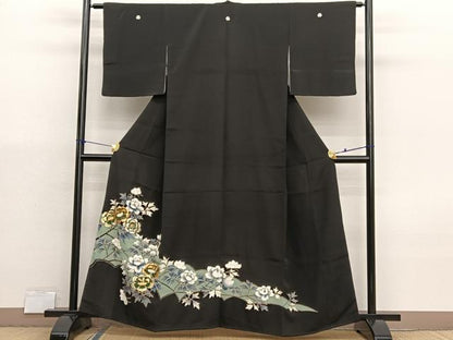 平和屋着物■豪華黒留袖　刺繍　枝花文　金彩　正絹　逸品　BAAX7017hv