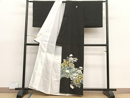 平和屋着物■豪華黒留袖　刺繍　枝花文　金彩　正絹　逸品　BAAX7017hv
