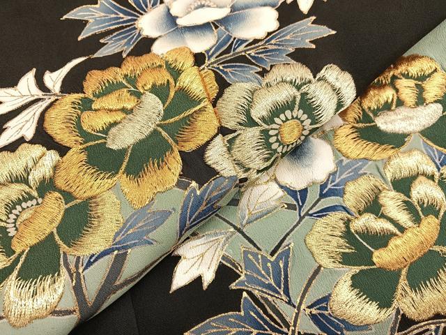 平和屋着物■豪華黒留袖　刺繍　枝花文　金彩　正絹　逸品　BAAX7017hv