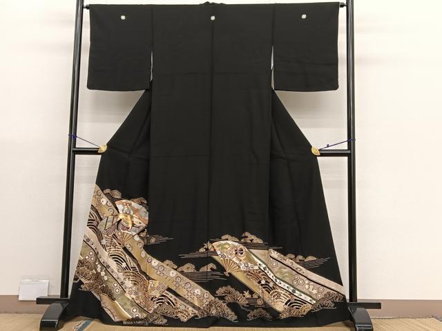 平和屋着物■豪華黒留袖　駒刺繍　扇面人物文　金銀彩　正絹　逸品　BAAX7023hv