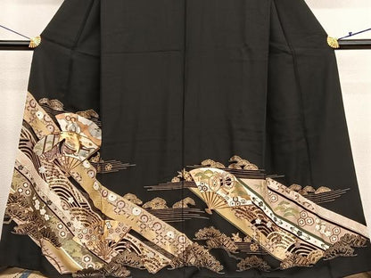 平和屋着物■豪華黒留袖　駒刺繍　扇面人物文　金銀彩　正絹　逸品　BAAX7023hv