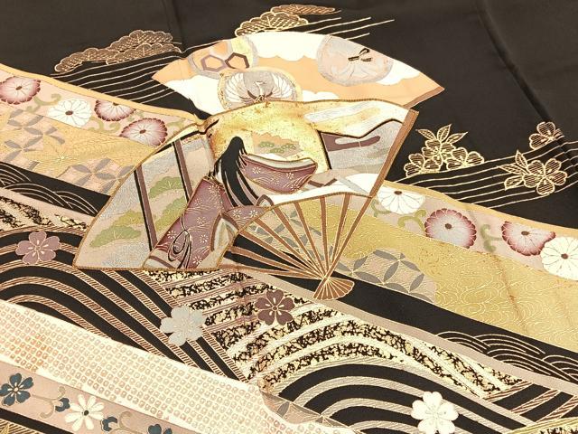 平和屋着物■豪華黒留袖　駒刺繍　扇面人物文　金銀彩　正絹　逸品　BAAX7023hv