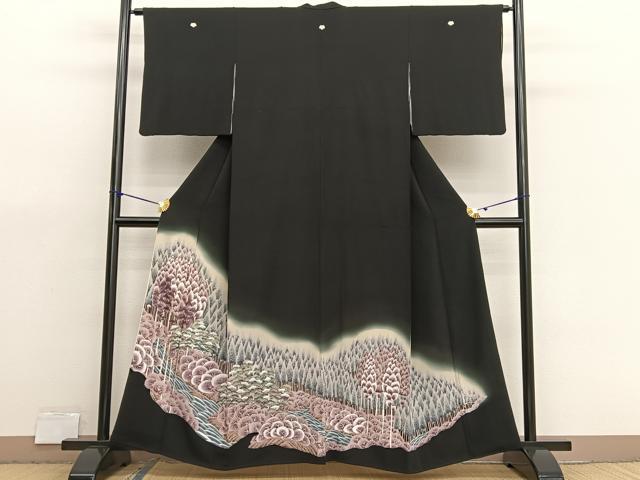 平和屋着物■豪華黒留袖　刺繍　浜松樹林文　暈し染め　金彩　正絹　逸品　BAAX7086hv