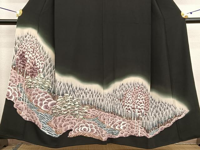 平和屋着物■豪華黒留袖　刺繍　浜松樹林文　暈し染め　金彩　正絹　逸品　BAAX7086hv