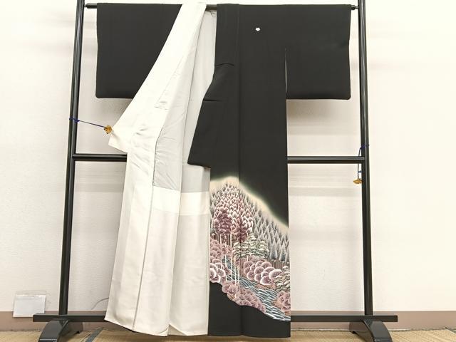 平和屋着物■豪華黒留袖　刺繍　浜松樹林文　暈し染め　金彩　正絹　逸品　BAAX7086hv