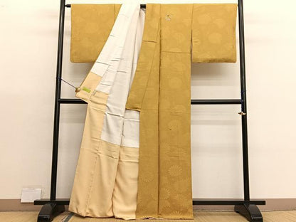 平和屋着物■上質な色無地　花づくし地紋　黃朽葉色　正絹　逸品　BAAX7143hv