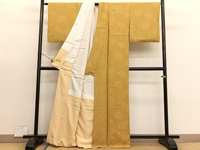 平和屋着物■上質な色無地　花づくし地紋　黃朽葉色　正絹　逸品　BAAX7143hv