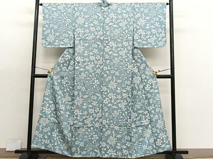 平和屋着物▽上質な小紋　単衣　更紗花唐草文　正絹　逸品　BAAX7164hv